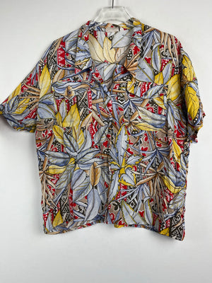 Vintage Crazy Pattern Bluse mit Schulterpolster (L)